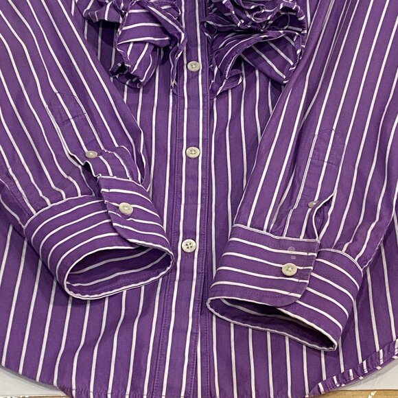 Lauren Ralph Lauren Ruffle Collar Button Up Shirt Womens S Cotton Purple Stripes - Picture 5 of 7